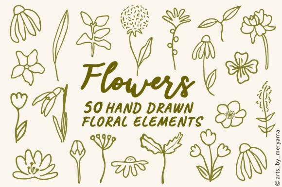 50 Hand Drawn Flowers: Botanical Illustrations & Graphics
