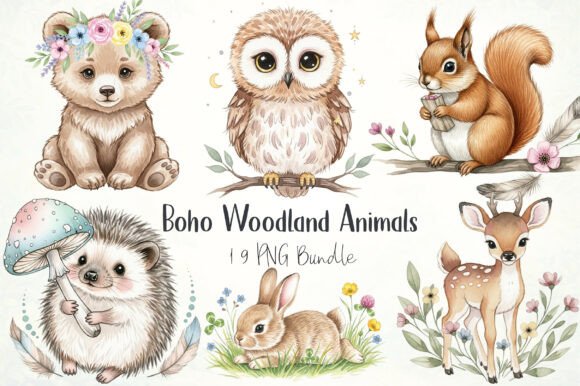 Boho Woodland Animals Clipart PNG Bundle: Graphics & Illustrations