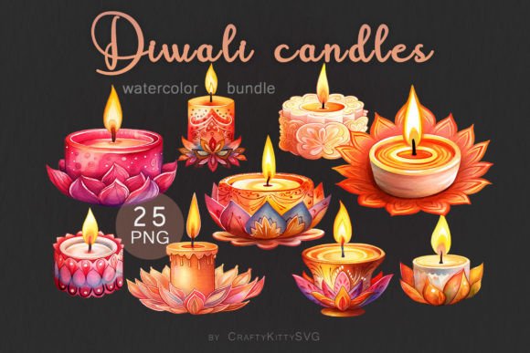 Diwali Candles Watercolor Clipart Bundle: Graphics & Illustrations