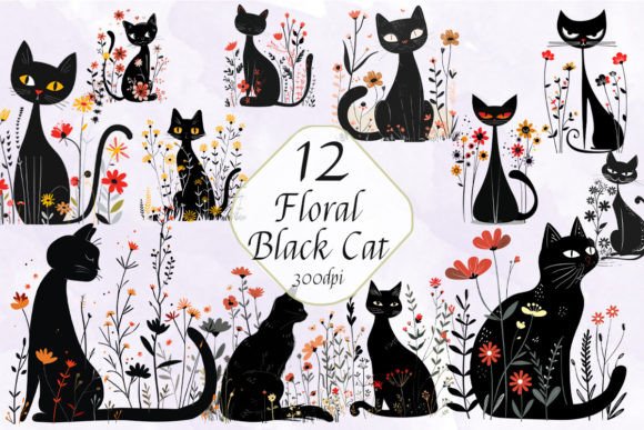Floral Black Cat Sublimation Bundle: Graphics & Illustrations
