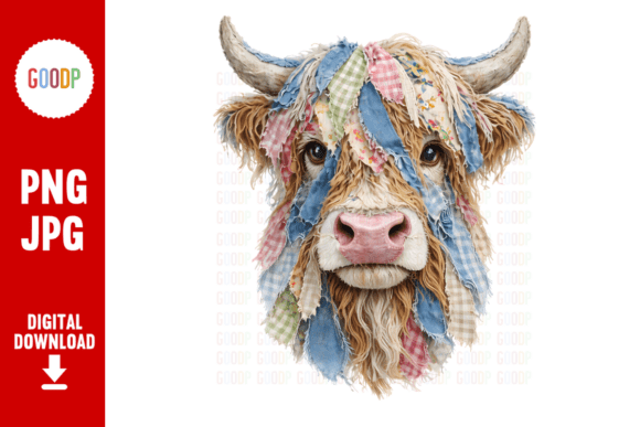 Highland Cow Patchwork Farmhouse PNG Graphics