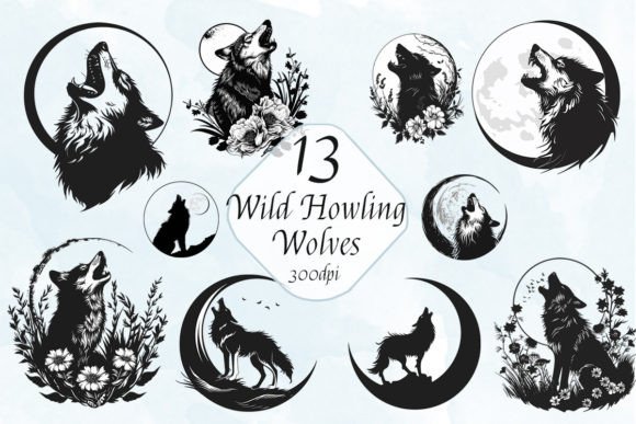 Howling Wolf Moon Vector Clipart Bundle: Graphics & Illustrations