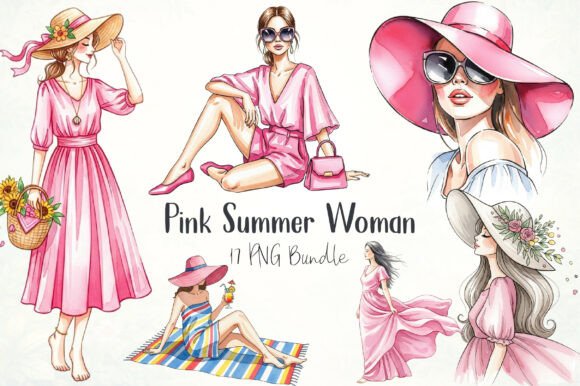 Pink Summer Woman Watercolor Clipart: Graphics & Illustrations for Creative Sellers