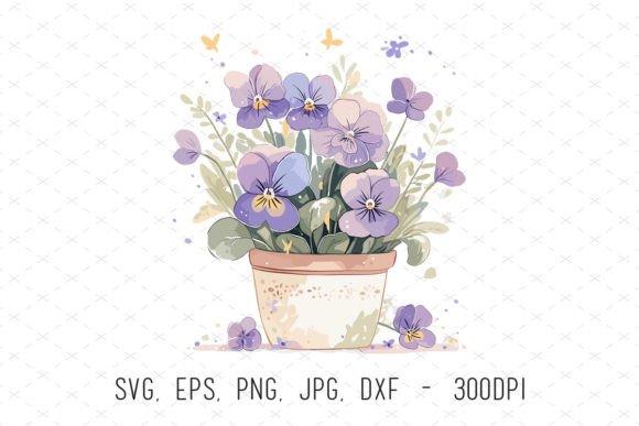 Potted Violet Flowers Watercolor Clipart: Graphics & Illustrations