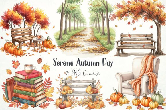 Serene Autumn Day Clipart PNG Bundle: Graphics & Illustrations for Local Brands