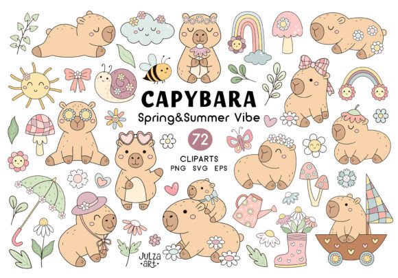 Spring Capybaras Clipart, Summer Set: Graphics & Illustrations