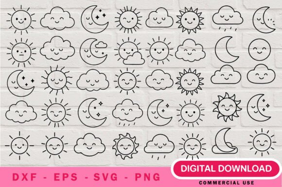 Sun, Moon Clouds Outline SVG Bundle: Graphics & Illustrations