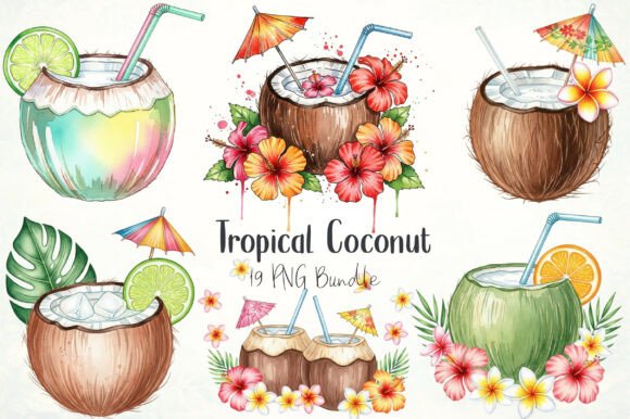 Tropical Coconut Beach Cocktails Clipart