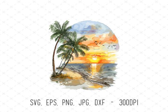 Tropical Sunset Beach Landscape Clipart: Graphics & Illustrations