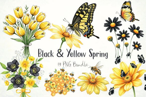 Watercolor Black Yellow Spring Clipart: Graphics & Illustrations