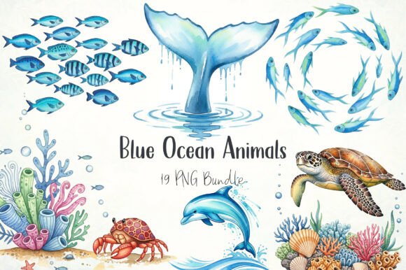 Watercolor Blue Ocean Animals Clipart: Graphics & Illustrations