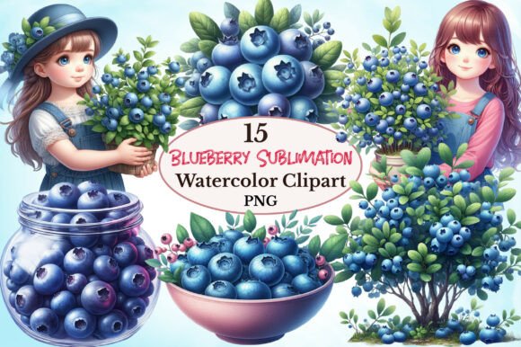 Watercolor Blueberry Sublimation Clipart: Graphics & Illustrations