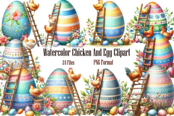 Watercolor Chicken and Egg Clipart: Graphics & Illustrations for Handmade Brands