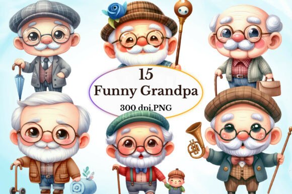 Watercolor Funny Grandpa Clipart: Graphics & Illustrations for Warm, Handmade Brands