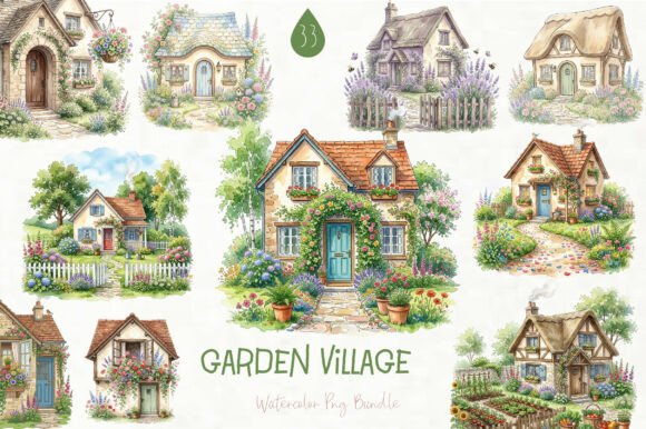 Watercolor Garden Village Clipart Set: Graphics & Illustrations