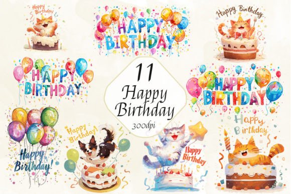 Watercolor Happy Birthday Clipart Bundle: Graphics & Illustrations