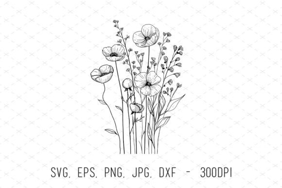 Wildflowers Leaves Floral Line Art SVG: Graphics & Illustrations