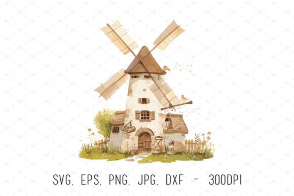 Windmill Rustic Farm Watercolor Clipart: Graphics & Illustrations